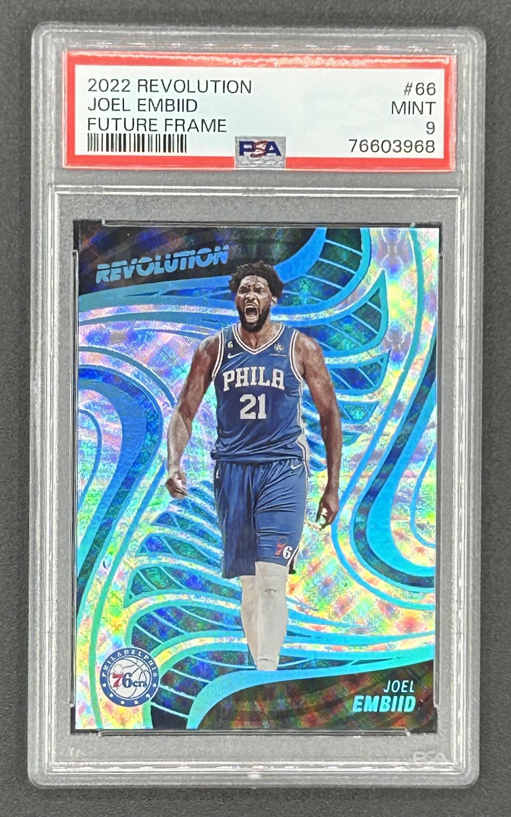 Joel Embiid 2022-23 Panini Revolution Future Frame #66 #33/60 (PSA 9) at PristineAuction.com Joel Embiid 2022-23 Panini Revolution Future Frame #66 #33/60 (PSA 9) at PristineAuction.com