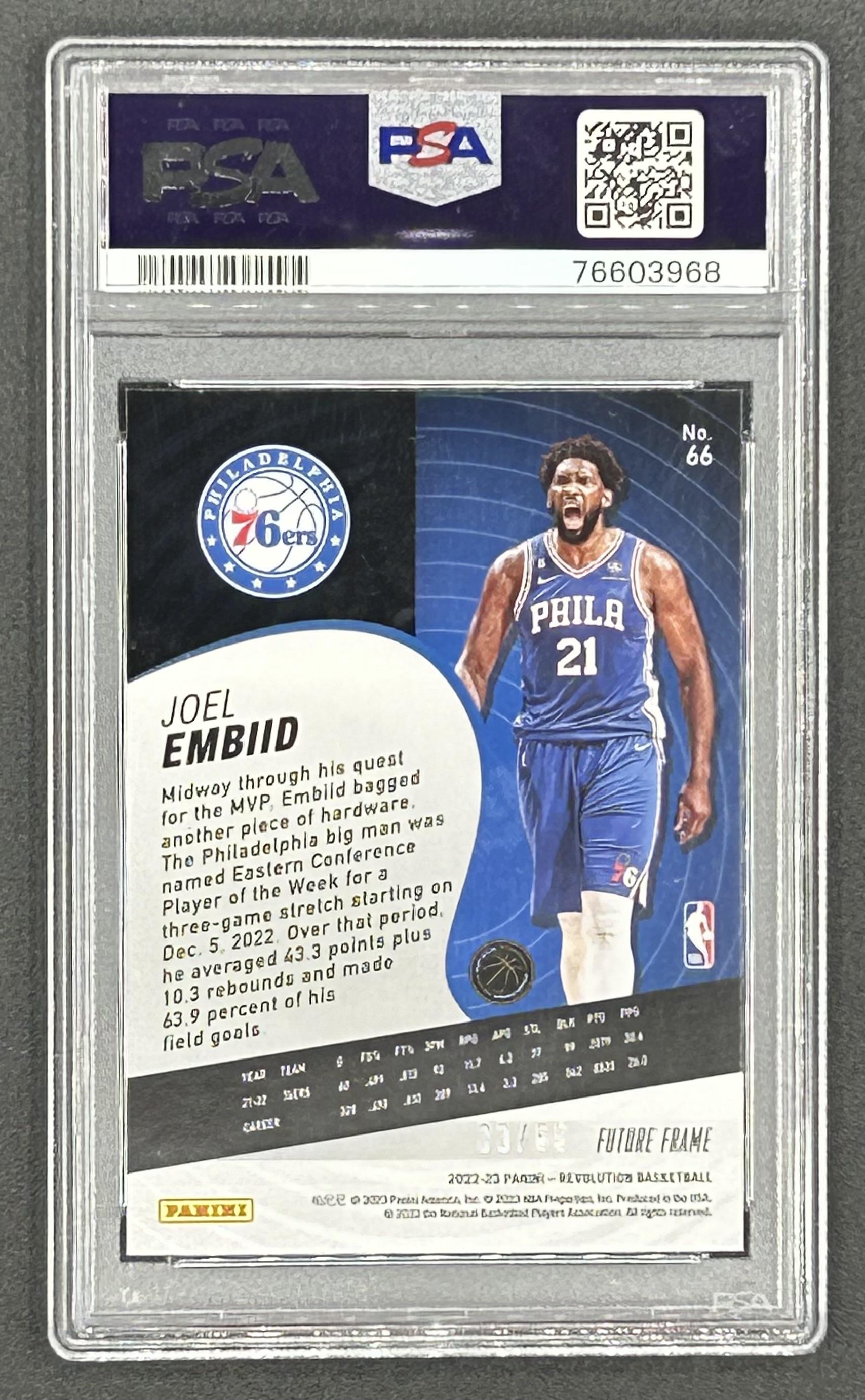 Joel Embiid 2022-23 Panini Revolution Future Frame #66 #33/60 (PSA 9) at PristineAuction.com Joel Embiid 2022-23 Panini Revolution Future Frame #66 #33/60 (PSA 9) at PristineAuction.com