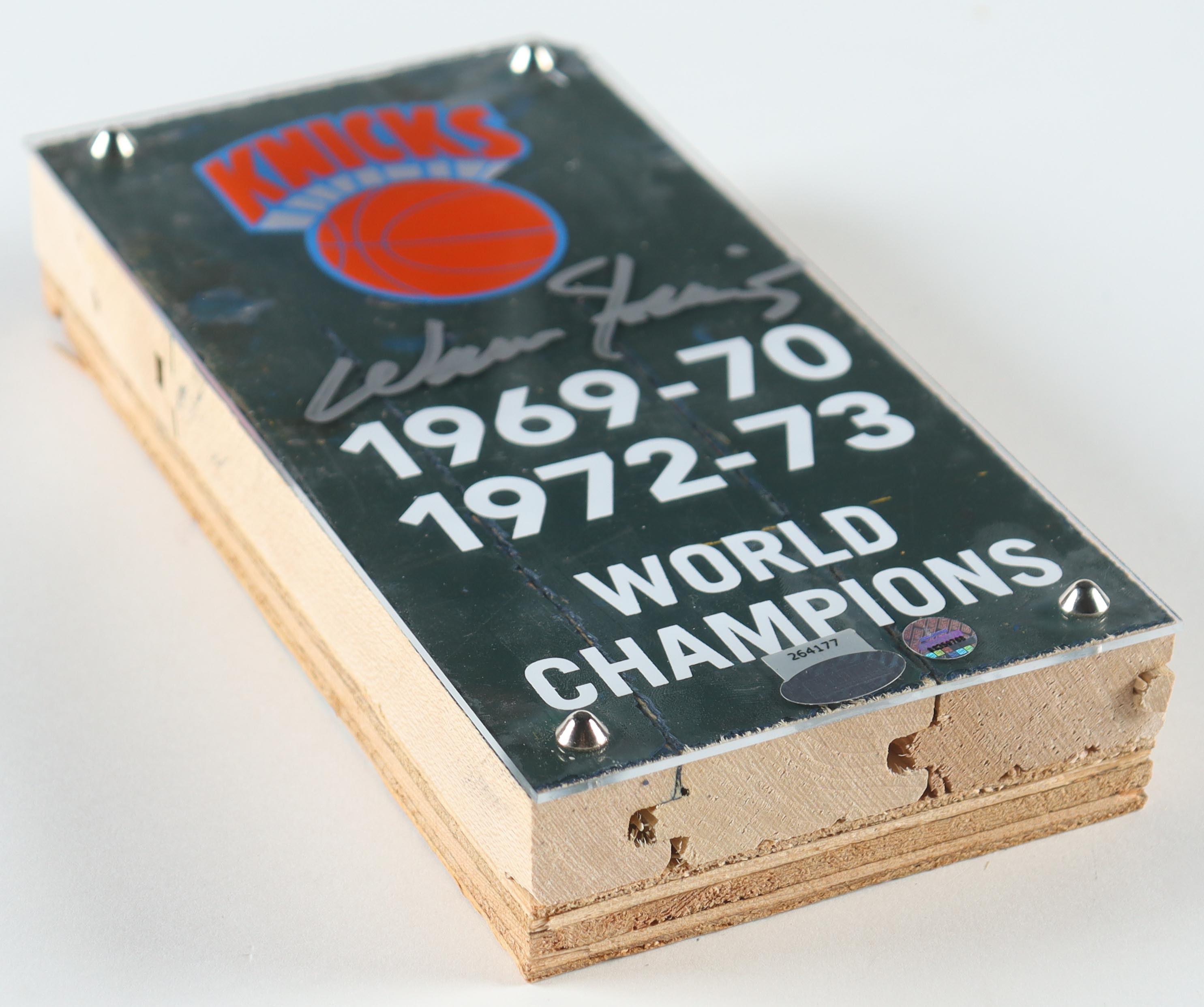 Walt Frazier Signed Knicks 4"x8" 1973 Madison Square Garden Court Piece with Championship Banner Plexi (Steiner) at PristineAuction.com Walt Frazier Signed Knicks 4"x8" 1973 Madison Square Garden Court Piece with Championship Banner Plexi (Steiner) at PristineAuction.com