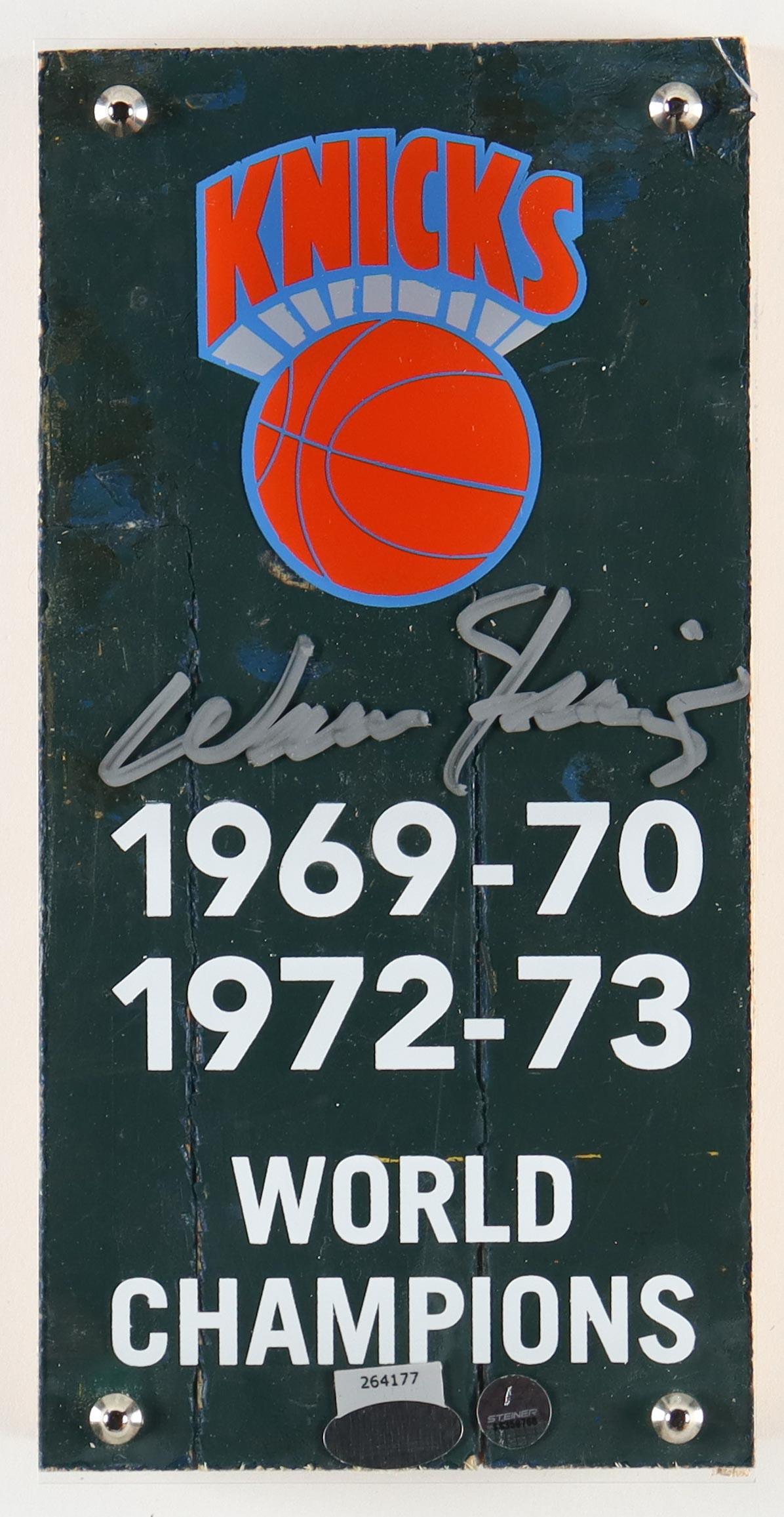 Walt Frazier Signed Knicks 4"x8" 1973 Madison Square Garden Court Piece with Championship Banner Plexi (Steiner) at PristineAuction.com Walt Frazier Signed Knicks 4"x8" 1973 Madison Square Garden Court Piece with Championship Banner Plexi (Steiner) at PristineAuction.com