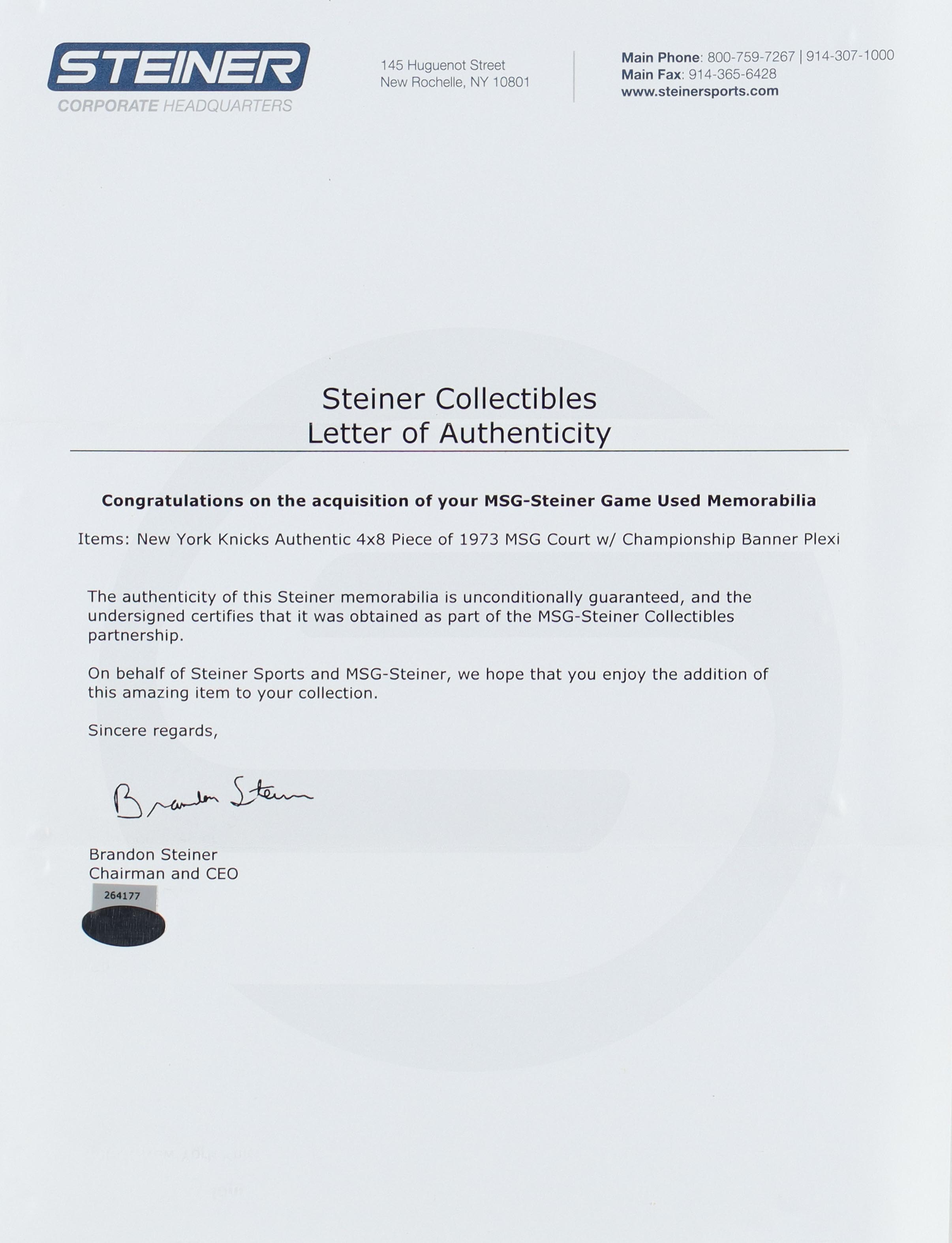 Walt Frazier Signed Knicks 4"x8" 1973 Madison Square Garden Court Piece with Championship Banner Plexi (Steiner) at PristineAuction.com Walt Frazier Signed Knicks 4"x8" 1973 Madison Square Garden Court Piece with Championship Banner Plexi (Steiner) at PristineAuction.com