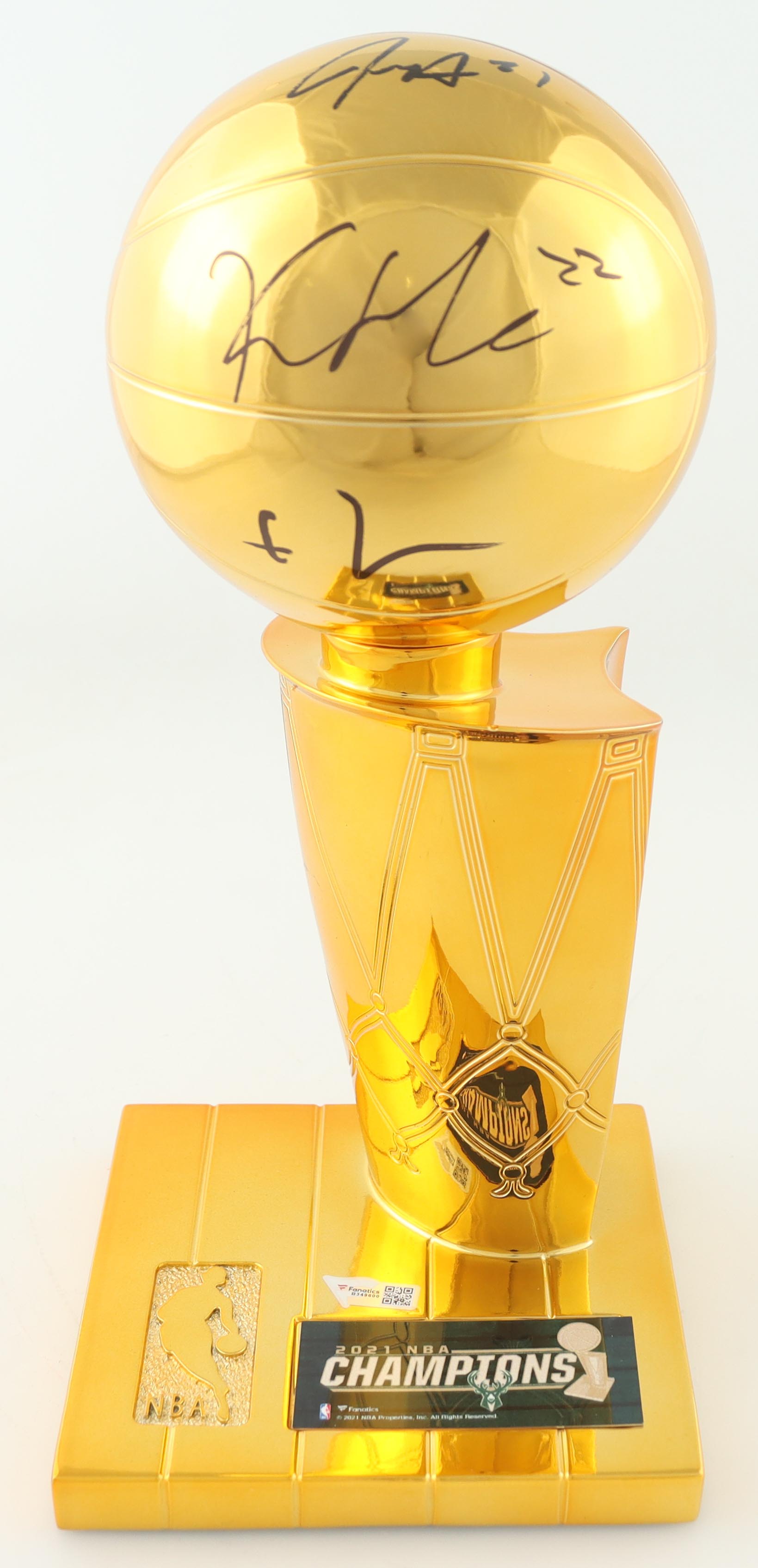 Giannis Antetokounmpo, Khris Middleton & Jrue Holiday Signed Bucks 2021 NBA Champions Replica Trophy (Fanatics) at PristineAuction.com Giannis Antetokounmpo, Khris Middleton & Jrue Holiday Signed Bucks 2021 NBA Champions Replica Trophy (Fanatics) at PristineAuction.com