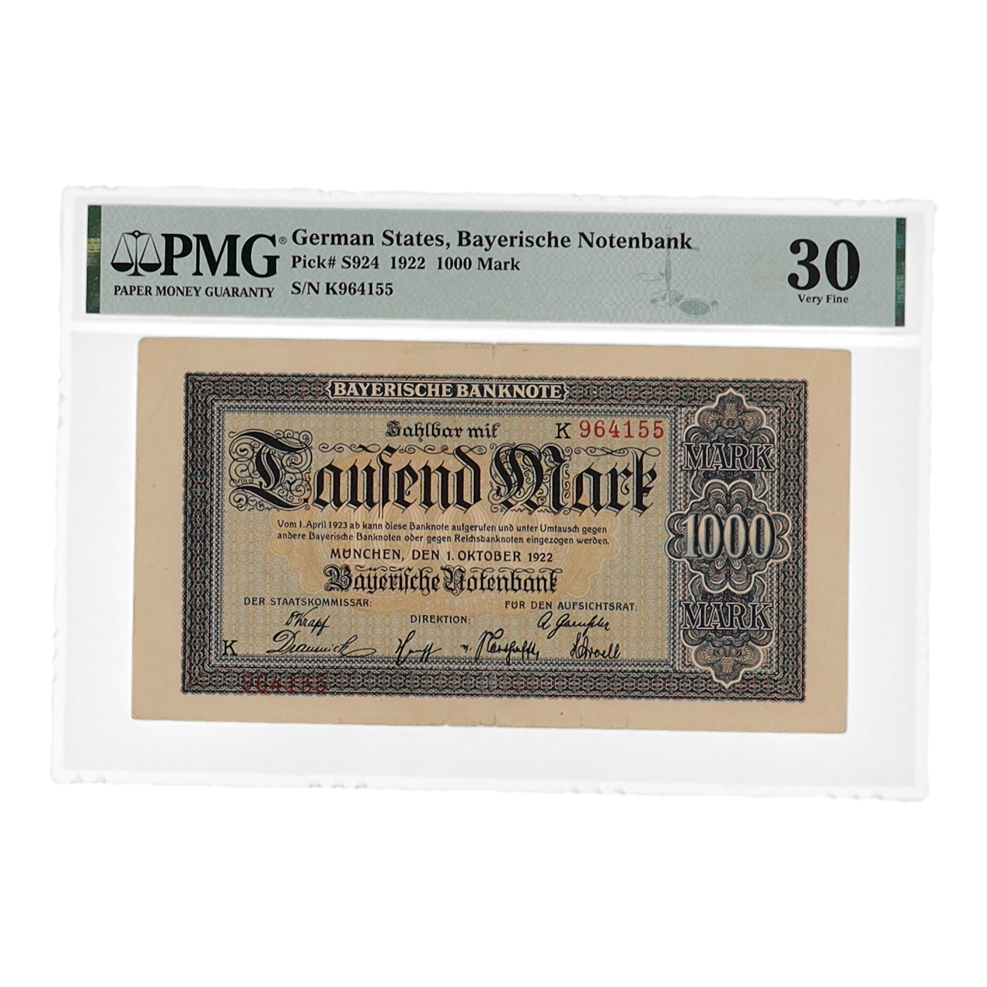 1922 German States, Bayerische Notenbank - 1,000 Marks (PMG Choice VF30) at PristineAuction.com 1922 German States, Bayerische Notenbank - 1,000 Marks (PMG Choice VF30) at PristineAuction.com