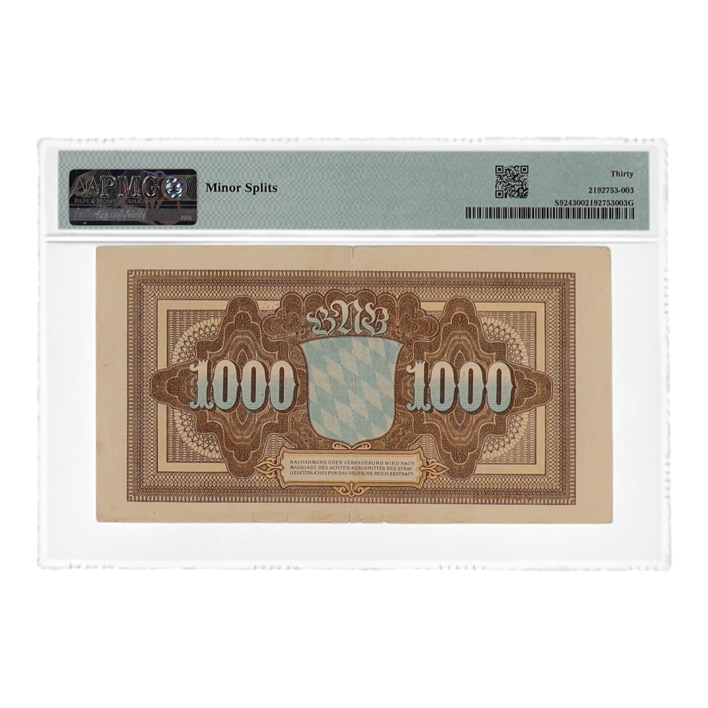 1922 German States, Bayerische Notenbank - 1,000 Marks (PMG Choice VF30) at PristineAuction.com 1922 German States, Bayerische Notenbank - 1,000 Marks (PMG Choice VF30) at PristineAuction.com