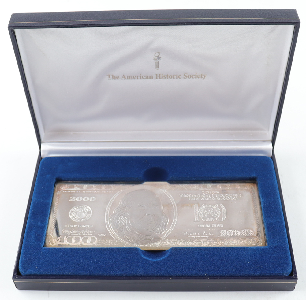 2000 "One Hundred Dollar" 100$ Quarter Pound Silver .999 Fine Silver Bar with Original Packaging at PristineAuction.com 2000 "One Hundred Dollar" 100$ Quarter Pound Silver .999 Fine Silver Bar with Original Packaging at PristineAuction.com