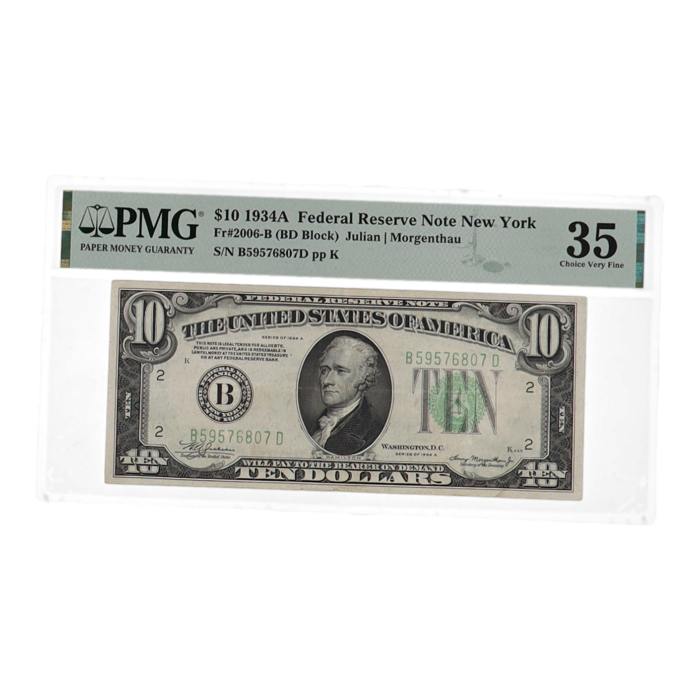 1934-A U.S. $10 Ten Dollars Federal Reserve Note, New York - Light Green Seal (PMG Choice VF35) at PristineAuction.com 1934-A U.S. $10 Ten Dollars Federal Reserve Note, New York - Light Green Seal (PMG Choice VF35) at PristineAuction.com