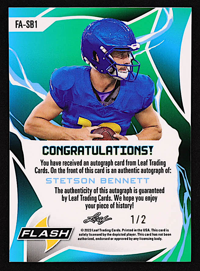 Stetson Bennett 2023 Leaf Eclectic Flash Autographs Kaleidoscope Green #FASB1 RC #1/2 at PristineAuction.com Stetson Bennett 2023 Leaf Eclectic Flash Autographs Kaleidoscope Green #FASB1 RC #1/2 at PristineAuction.com