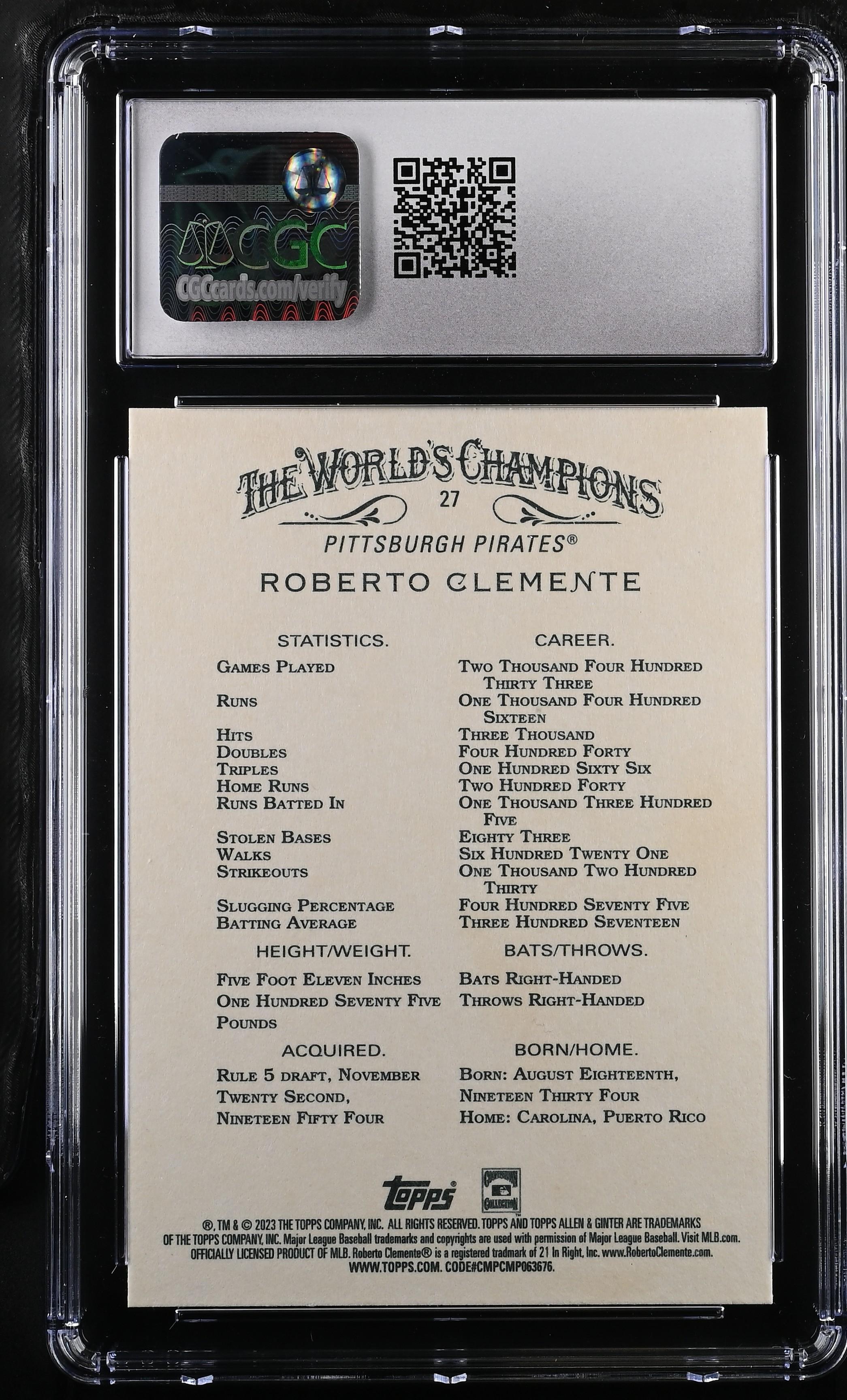 Roberto Clemente 2023 Topps Allen and Ginter #27 (CGC 10) at PristineAuction.com Roberto Clemente 2023 Topps Allen and Ginter #27 (CGC 10) at PristineAuction.com