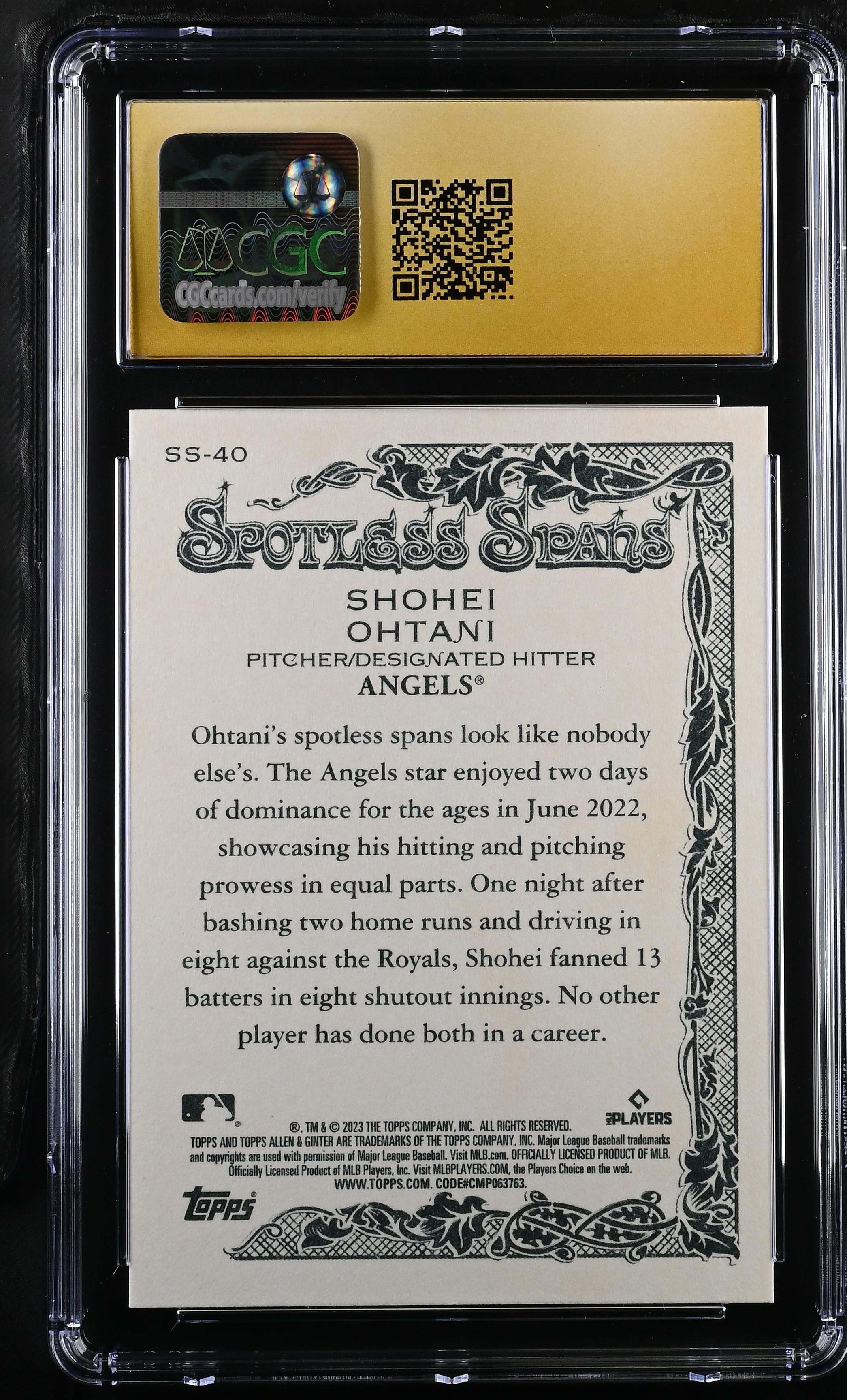 Shohei Ohtani 2023 Topps Allen and Ginter Spotless Spans #SS40 (CGC 10) at PristineAuction.com Shohei Ohtani 2023 Topps Allen and Ginter Spotless Spans #SS40 (CGC 10) at PristineAuction.com