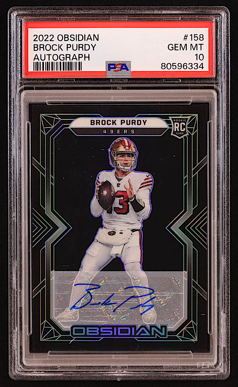 Brock Purdy 2022 Panini Obsidian Rookie Autographs #158 RC #126/199 (PSA 10) at PristineAuction.com Brock Purdy 2022 Panini Obsidian Rookie Autographs #158 RC #126/199 (PSA 10) at PristineAuction.com