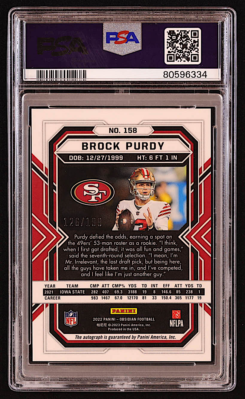 Brock Purdy 2022 Panini Obsidian Rookie Autographs #158 RC #126/199 (PSA 10) at PristineAuction.com Brock Purdy 2022 Panini Obsidian Rookie Autographs #158 RC #126/199 (PSA 10) at PristineAuction.com