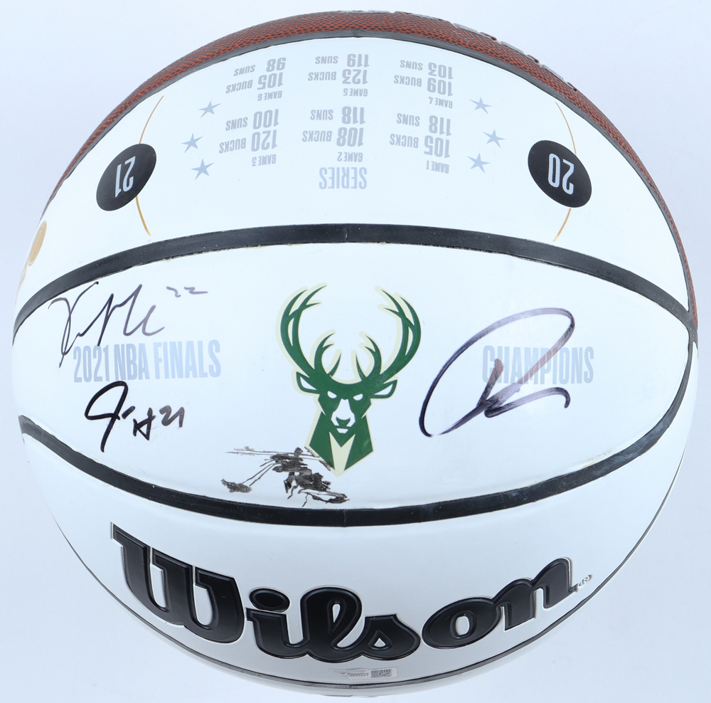 Khris Middleton, Jrue Holiday & Giannis Antetokounmpo Signed Bucks Logo NBA Basketball (Fanatics) at PristineAuction.com Khris Middleton, Jrue Holiday & Giannis Antetokounmpo Signed Bucks Logo NBA Basketball (Fanatics) at PristineAuction.com