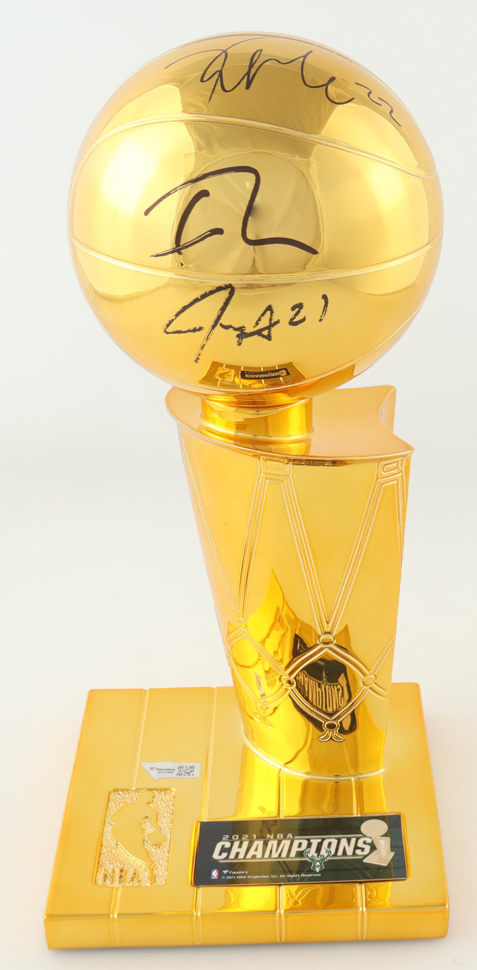 Giannis Antetokounmpo, Khris Middleton & Jrue Holiday Signed Bucks 2021 NBA Champions Replica Trophy (Fanatics) at PristineAuction.com Giannis Antetokounmpo, Khris Middleton & Jrue Holiday Signed Bucks 2021 NBA Champions Replica Trophy (Fanatics) at PristineAuction.com