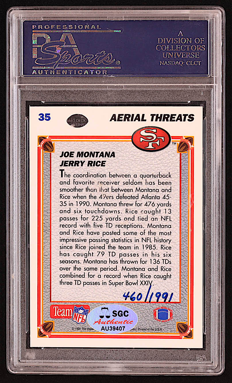 Joe Montana & Jerry Rice Signed 1991 Upper Deck #35 (PSA) at PristineAuction.com Joe Montana & Jerry Rice Signed 1991 Upper Deck #35 (PSA) at PristineAuction.com