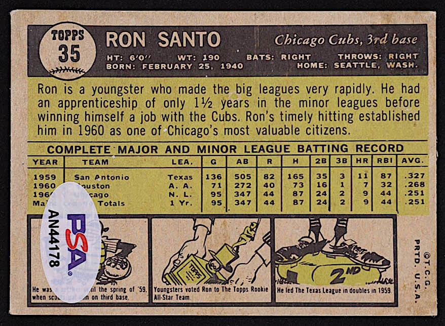 Ron Santo Signed 1961 Topps #35 RC (PSA) at PristineAuction.com Ron Santo Signed 1961 Topps #35 RC (PSA) at PristineAuction.com