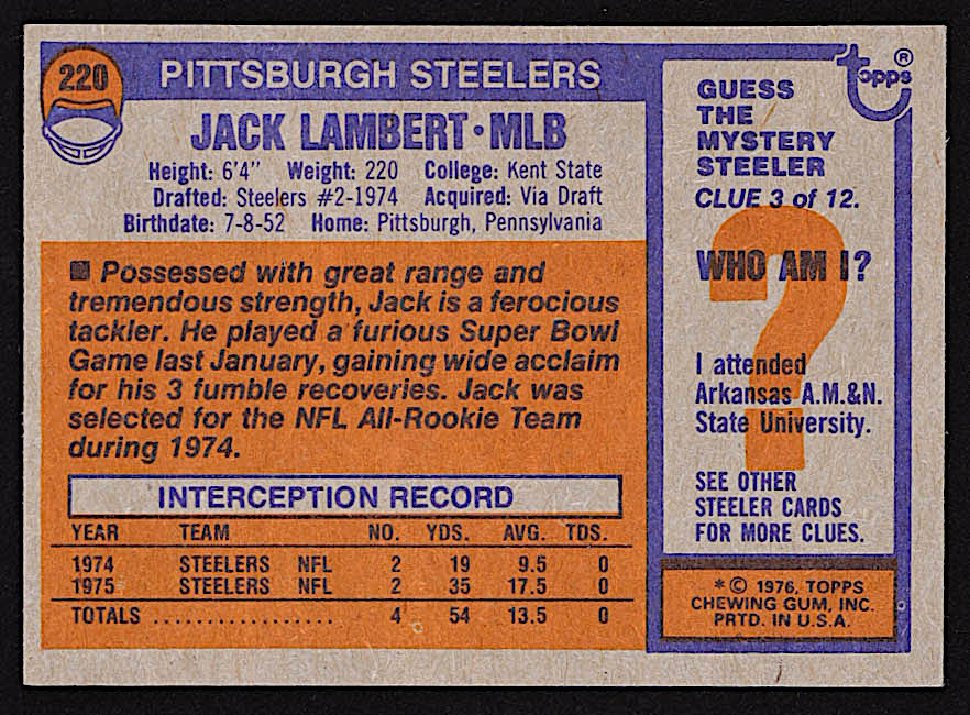 Jack Lambert 1976 Topps #220 AP RC at PristineAuction.com Jack Lambert 1976 Topps #220 AP RC at PristineAuction.com