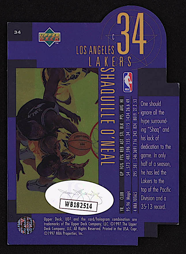 Shaquille O'Neal Signed 1996-97 UD3 #34 (JSA) at PristineAuction.com Shaquille O'Neal Signed 1996-97 UD3 #34 (JSA) at PristineAuction.com
