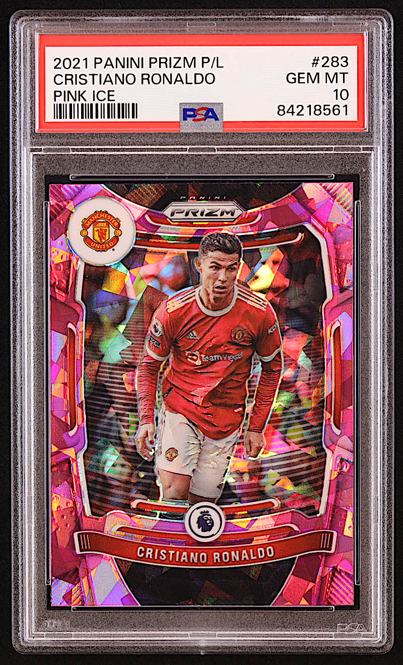 Cristiano Ronaldo 2021-22 Panini Prizm English Premier League Prizms Pink Ice #283 (PSA 10) at PristineAuction.com Cristiano Ronaldo 2021-22 Panini Prizm English Premier League Prizms Pink Ice #283 (PSA 10) at PristineAuction.com