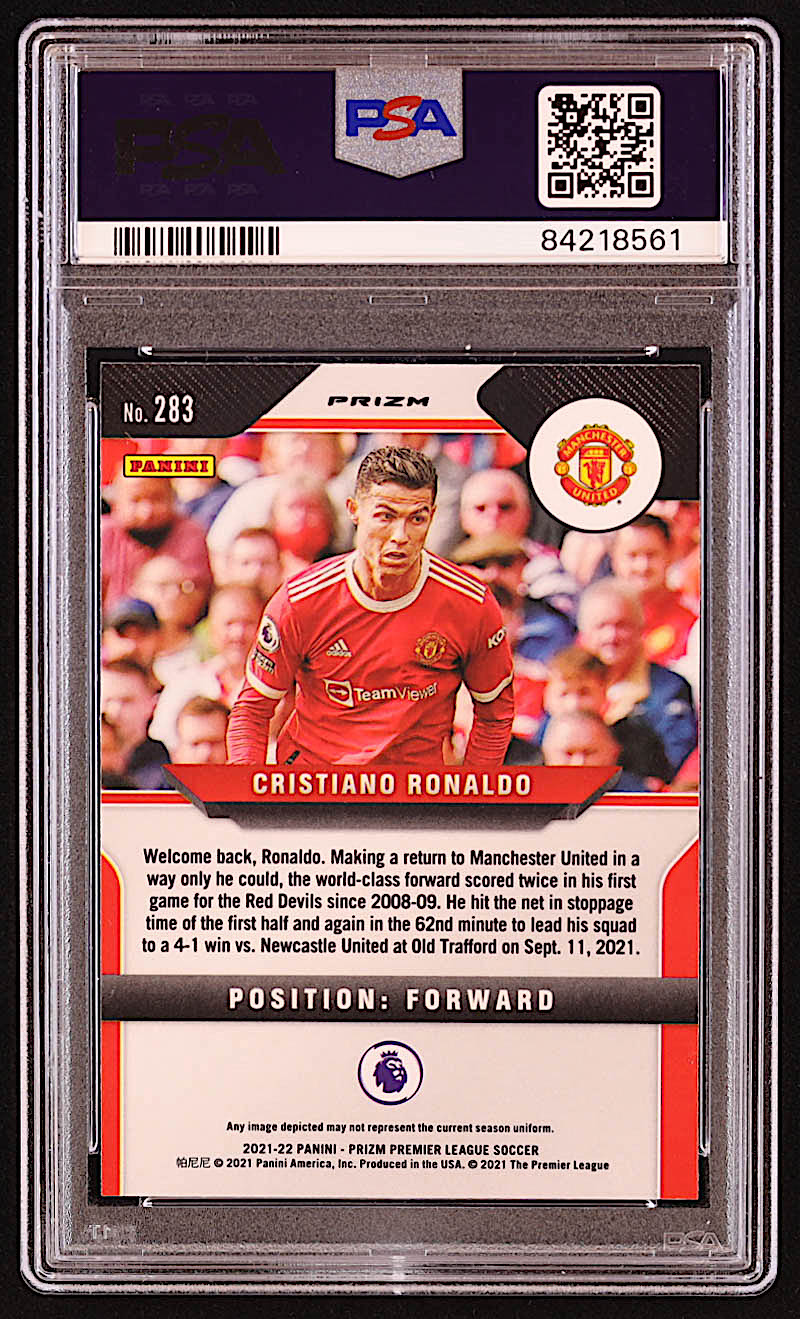 Cristiano Ronaldo 2021-22 Panini Prizm English Premier League Prizms Pink Ice #283 (PSA 10) at PristineAuction.com Cristiano Ronaldo 2021-22 Panini Prizm English Premier League Prizms Pink Ice #283 (PSA 10) at PristineAuction.com