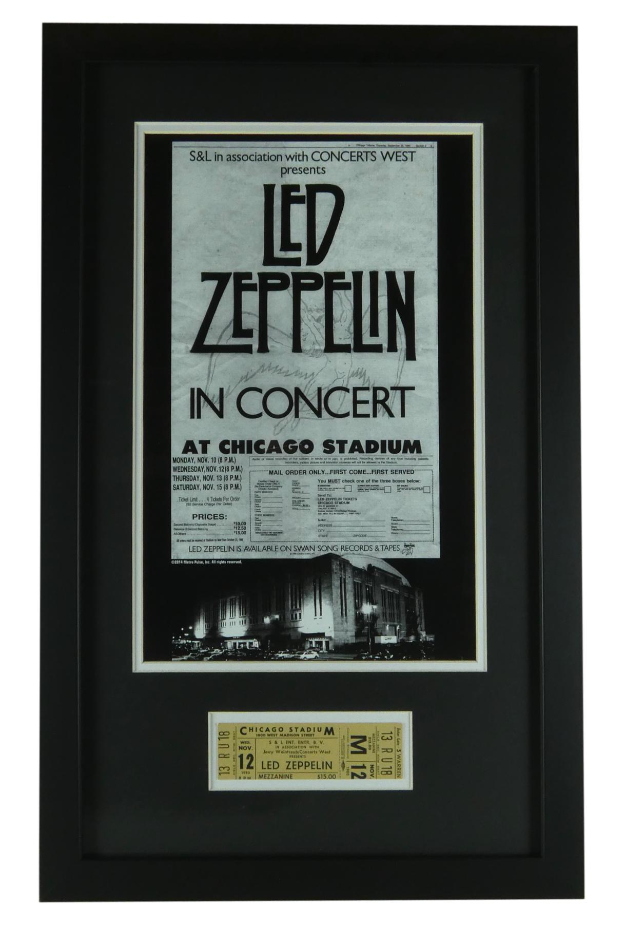 Led Zeppelin Custom Framed Display with Original 1980 Concert Ticket & Chicago Stadium Letter of Provenance at PristineAuction.com Led Zeppelin Custom Framed Display with Original 1980 Concert Ticket & Chicago Stadium Letter of Provenance at PristineAuction.com