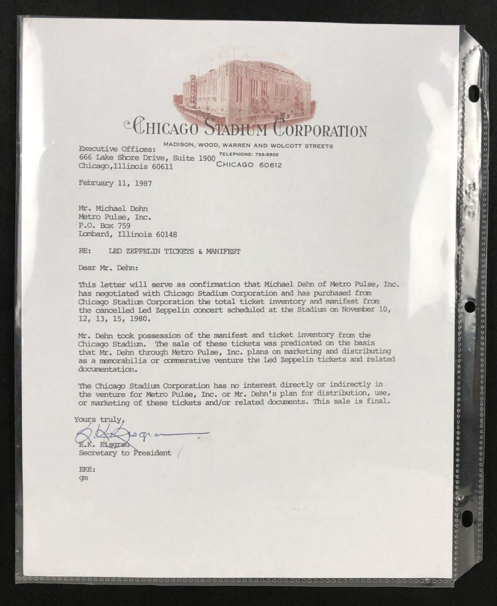 Led Zeppelin Custom Framed Display with Original 1980 Concert Ticket & Chicago Stadium Letter of Provenance at PristineAuction.com Led Zeppelin Custom Framed Display with Original 1980 Concert Ticket & Chicago Stadium Letter of Provenance at PristineAuction.com