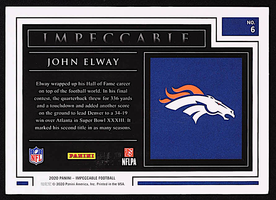 John Elway 2020 Panini Impeccable Silver Super Bowls #6 #08/20 at PristineAuction.com John Elway 2020 Panini Impeccable Silver Super Bowls #6 #08/20 at PristineAuction.com