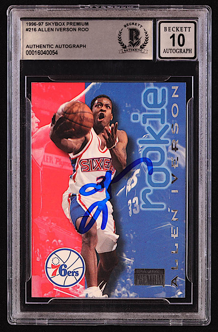 Allen Iverson Signed 1996-97 SkyBox Premium #216 ROO RC (BGS | Autograph Graded BGS 10) at PristineAuction.com Allen Iverson Signed 1996-97 SkyBox Premium #216 ROO RC (BGS | Autograph Graded BGS 10) at PristineAuction.com