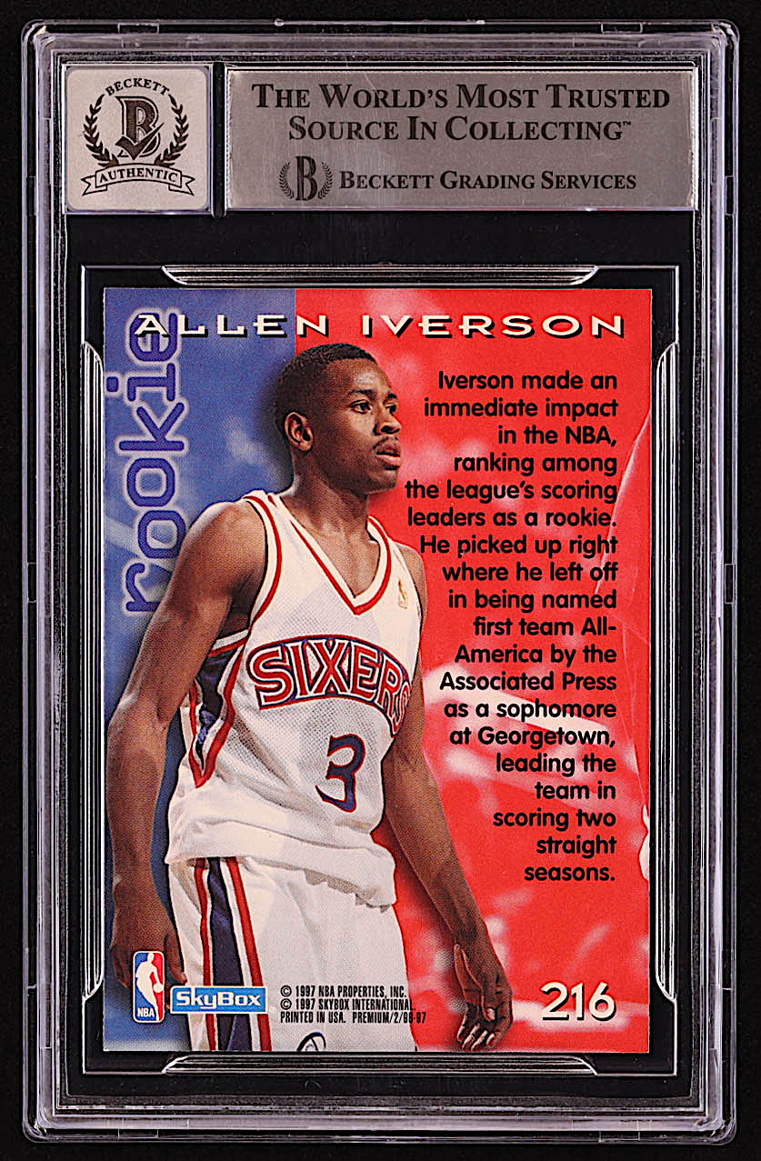 Allen Iverson Signed 1996-97 SkyBox Premium #216 ROO RC (BGS | Autograph Graded BGS 10) at PristineAuction.com Allen Iverson Signed 1996-97 SkyBox Premium #216 ROO RC (BGS | Autograph Graded BGS 10) at PristineAuction.com