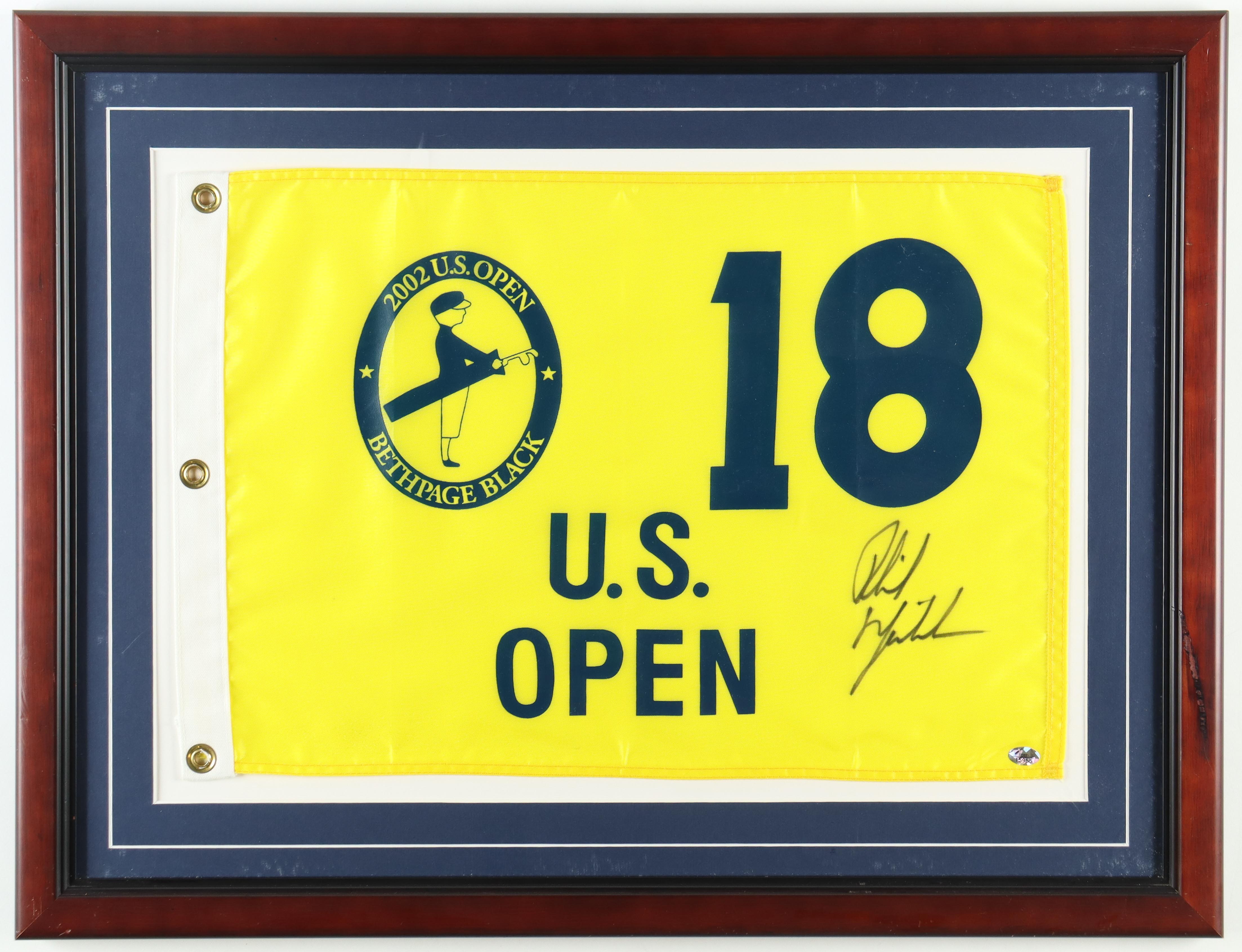 Phil Mickelson Signed 2002 U.S. Open Custom Framed Pin Flag Display (JSA) at PristineAuction.com Phil Mickelson Signed 2002 U.S. Open Custom Framed Pin Flag Display (JSA) at PristineAuction.com