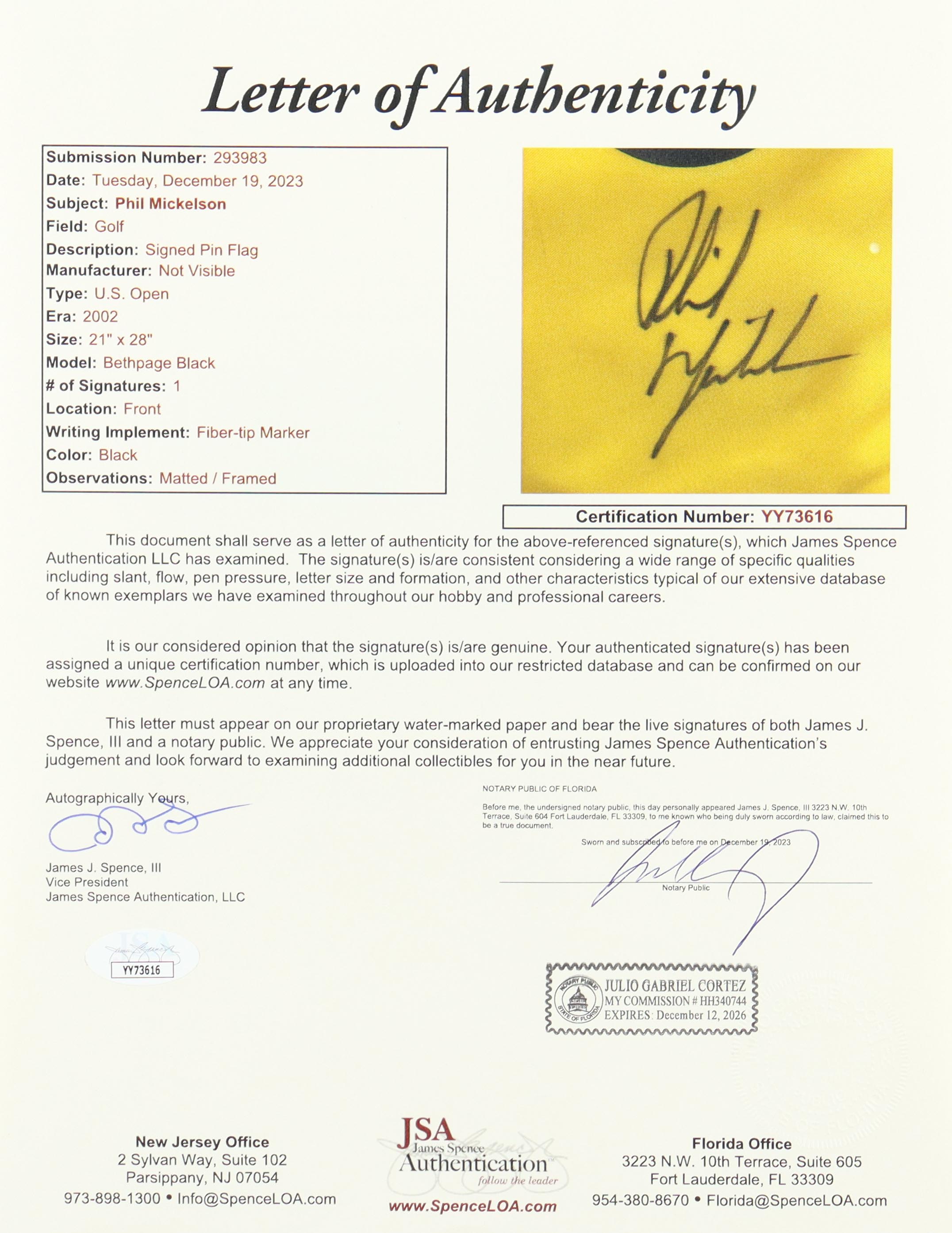 Phil Mickelson Signed 2002 U.S. Open Custom Framed Pin Flag Display (JSA) at PristineAuction.com Phil Mickelson Signed 2002 U.S. Open Custom Framed Pin Flag Display (JSA) at PristineAuction.com