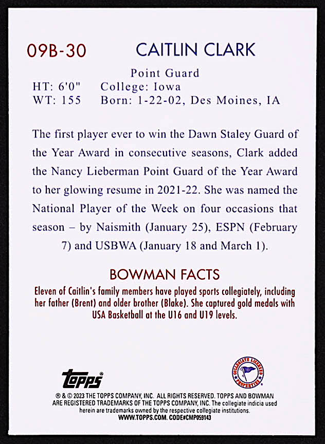Caitlin Clark 2022-23 Bowman Chrome University '09 Bowman #09B30 at PristineAuction.com Caitlin Clark 2022-23 Bowman Chrome University '09 Bowman #09B30 at PristineAuction.com