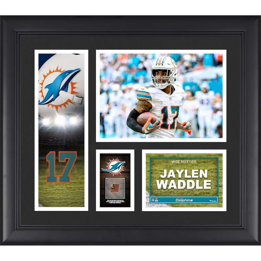 Jaylen Waddle Dolphins Custom Framed Photo Display with Game Used Football Piece at PristineAuction.com Jaylen Waddle Dolphins Custom Framed Photo Display with Game Used Football Piece at PristineAuction.com
