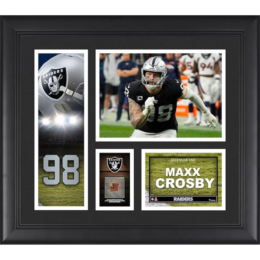 Maxx Crosby Raiders Custom Framed Photo Display with Game Used Football Piece at PristineAuction.com Maxx Crosby Raiders Custom Framed Photo Display with Game Used Football Piece at PristineAuction.com