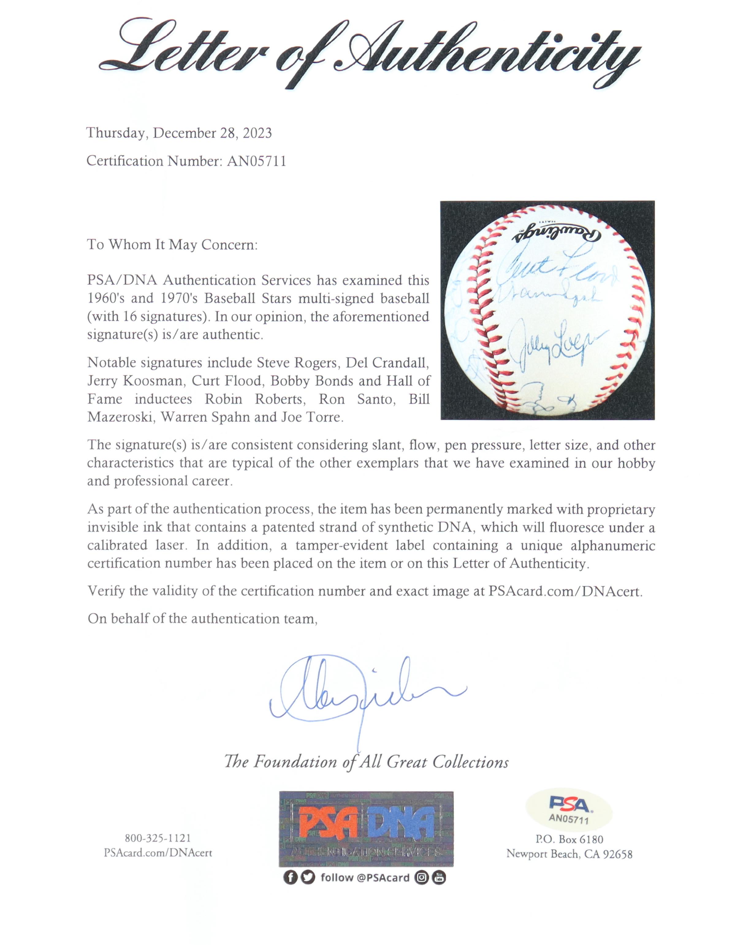 1960's & 1970's Baseball Stars (16) Signed ONL Baseball Including Steve Rogers, Curt Flood, Jerry Koosman & Del Crandall Bobby Bonds, Warren Spahn , Ron Santo and Joe Torre(PSA) at PristineAuction.com 1960's & 1970's Baseball Stars (16) Signed ONL Baseball Including Steve Rogers, Curt Flood, Jerry Koosman & Del Crandall Bobby Bonds, Warren Spahn , Ron Santo and Joe Torre(PSA) at PristineAuction.com