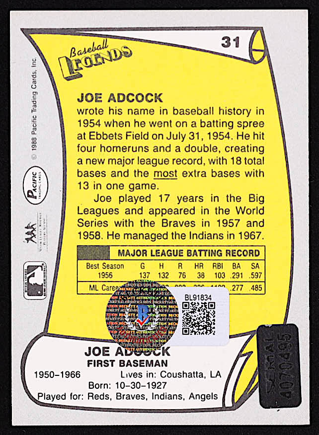 Joe Adcock Signed 1988 Pacific Legends I #31 (Beckett) at PristineAuction.com Joe Adcock Signed 1988 Pacific Legends I #31 (Beckett) at PristineAuction.com