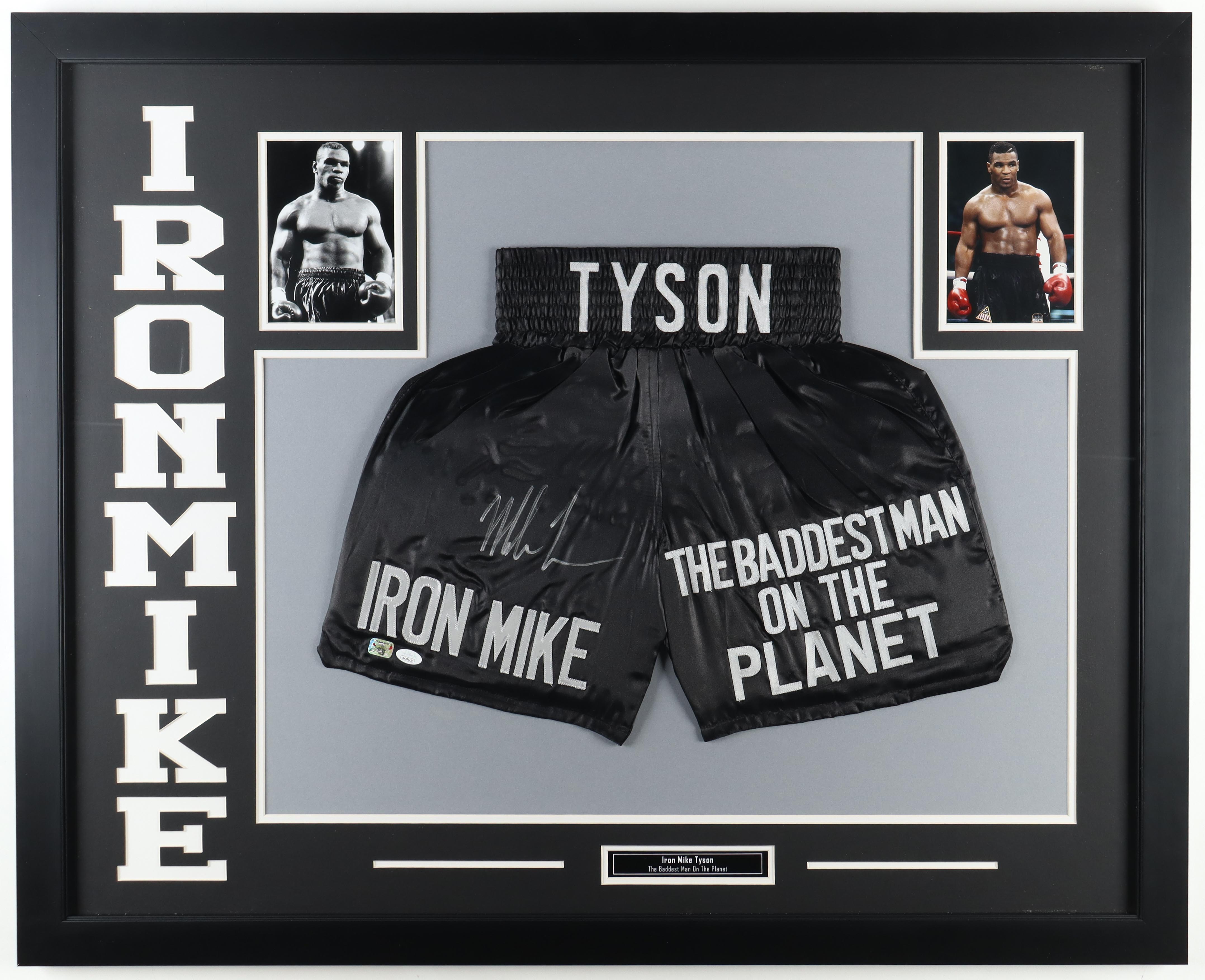 Mike Tyson Signed Custom Framed Boxing Trunks Display (Tyson & JSA) at PristineAuction.com Mike Tyson Signed Custom Framed Boxing Trunks Display (Tyson & JSA) at PristineAuction.com