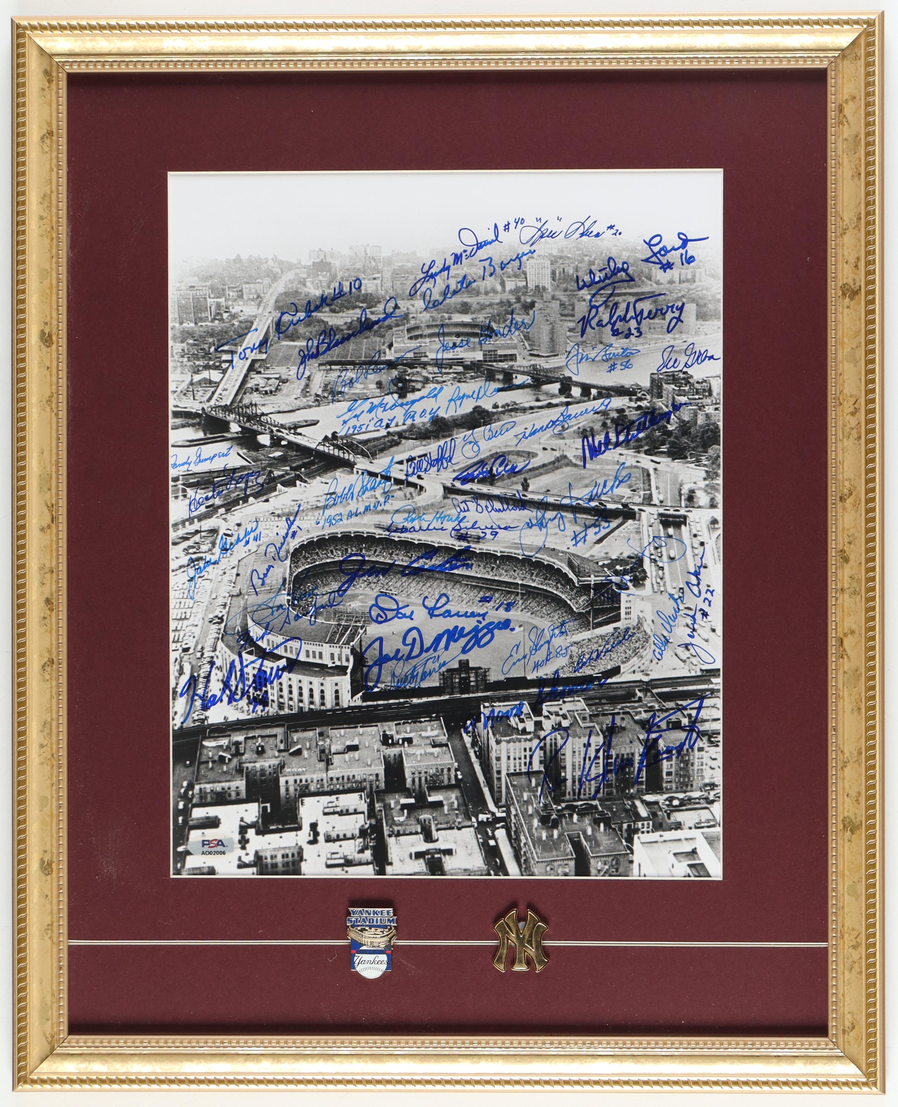 Yankee Greats Custom Framed Photo Display Signed By (41) With Joe DiMaggio, Yogi Berra, Whitey Ford, Bob Lemon, Enos Slaughter (PSA) at PristineAuction.com Yankee Greats Custom Framed Photo Display Signed By (41) With Joe DiMaggio, Yogi Berra, Whitey Ford, Bob Lemon, Enos Slaughter (PSA) at PristineAuction.com