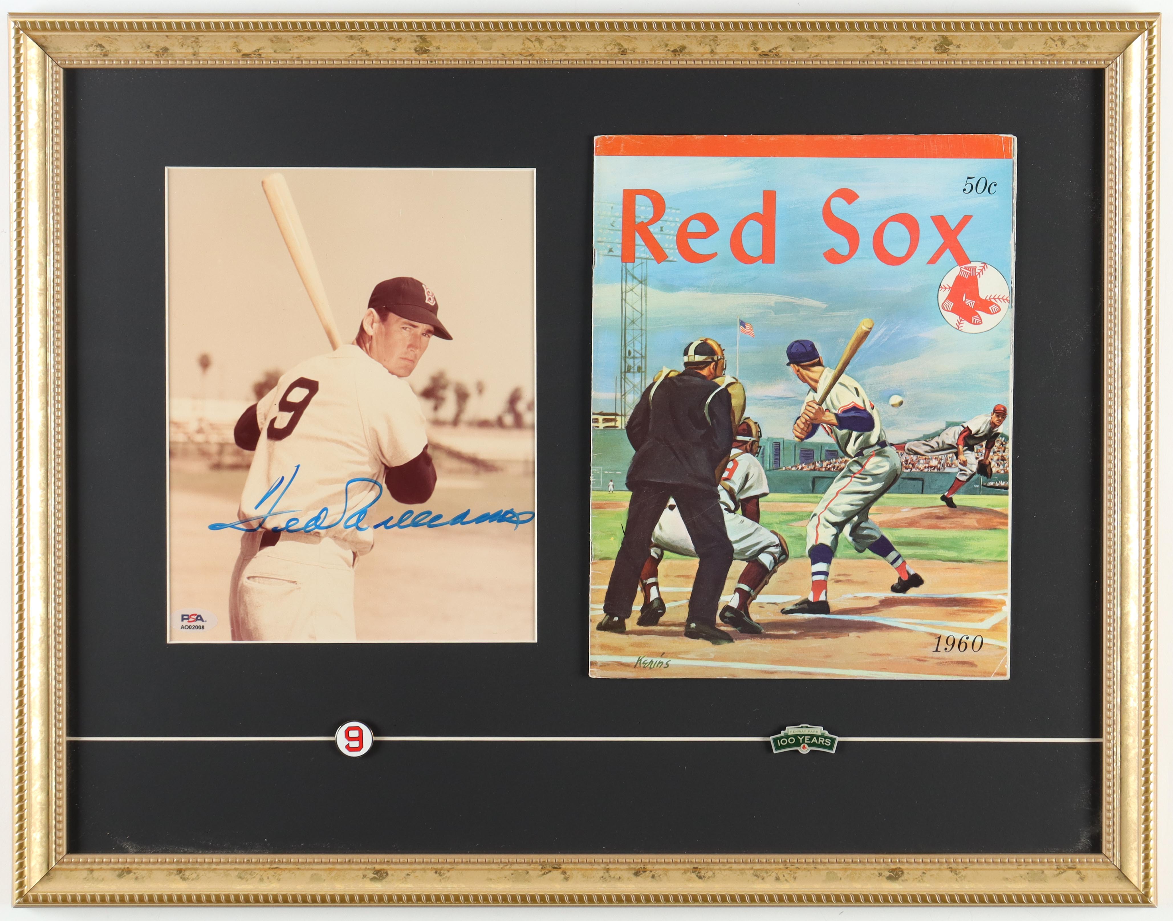 Ted Williams Signed Custom Framed Photo with 1960 Original Boston Red Sox Program & (2) Pins (PSA) at PristineAuction.com Ted Williams Signed Custom Framed Photo with 1960 Original Boston Red Sox Program & (2) Pins (PSA) at PristineAuction.com