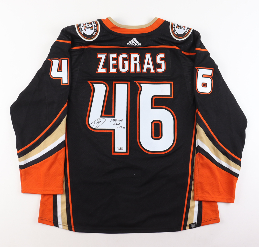 Trevor Zegras Signed Ducks Jersey Inscribed "Alley-Oop Goal 12-7-21" (Fanatics) at PristineAuction.com Trevor Zegras Signed Ducks Jersey Inscribed "Alley-Oop Goal 12-7-21" (Fanatics) at PristineAuction.com