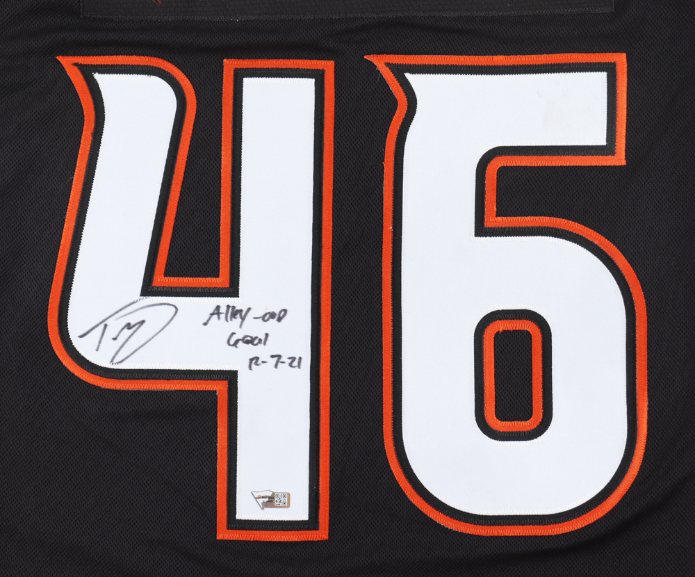 Trevor Zegras Signed Ducks Jersey Inscribed "Alley-Oop Goal 12-7-21" (Fanatics) at PristineAuction.com Trevor Zegras Signed Ducks Jersey Inscribed "Alley-Oop Goal 12-7-21" (Fanatics) at PristineAuction.com