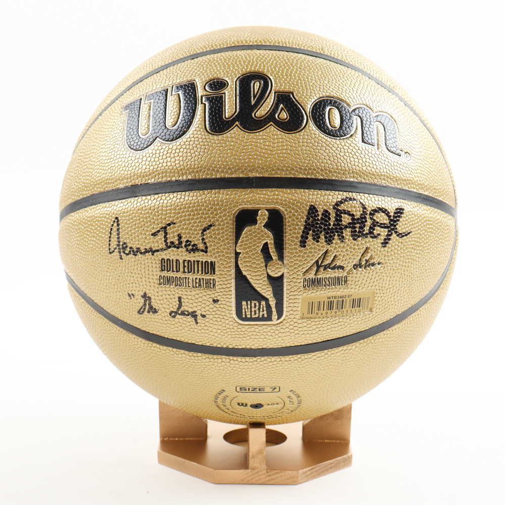Magic Johnson & Jerry West Signed Special Gold Edition NBA Basketball with All-Wood Stand Inscribed "The Logo" (Beckett) at PristineAuction.com Magic Johnson & Jerry West Signed Special Gold Edition NBA Basketball with All-Wood Stand Inscribed "The Logo" (Beckett) at PristineAuction.com
