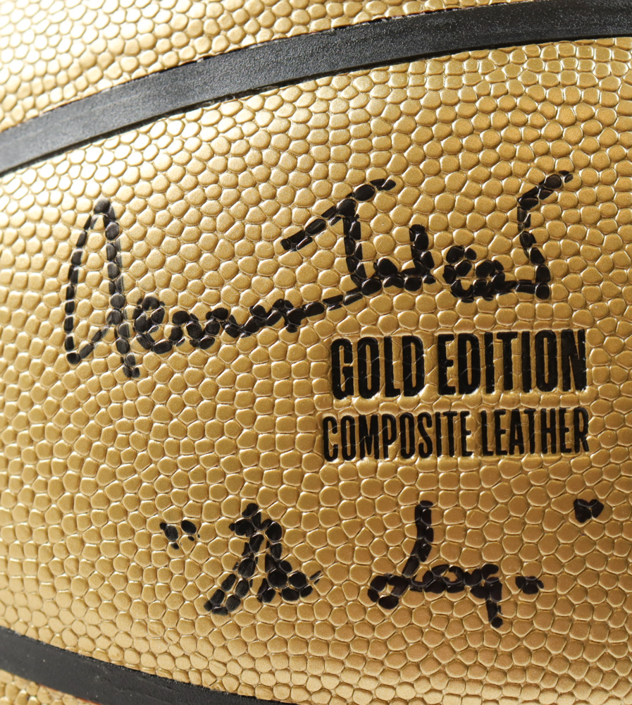Magic Johnson & Jerry West Signed Special Gold Edition NBA Basketball with All-Wood Stand Inscribed "The Logo" (Beckett) at PristineAuction.com Magic Johnson & Jerry West Signed Special Gold Edition NBA Basketball with All-Wood Stand Inscribed "The Logo" (Beckett) at PristineAuction.com