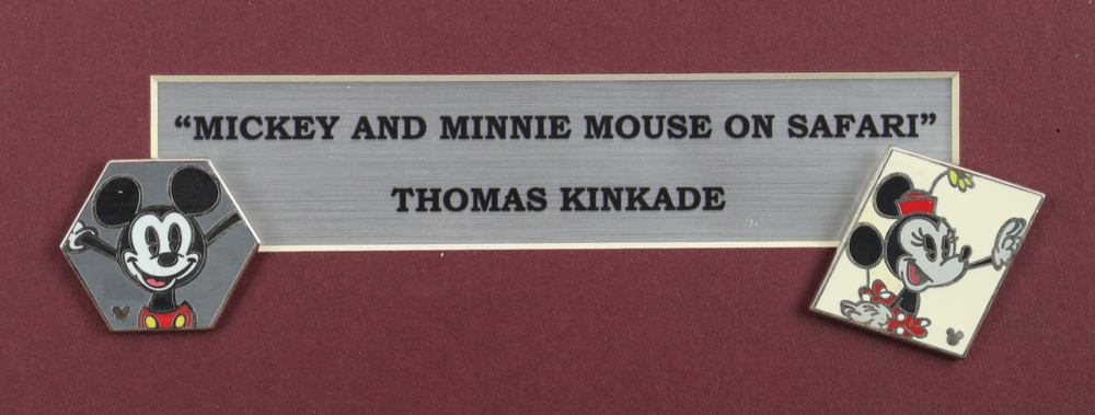 Thomas Kinkade "Mickey and Minnie on Safari" Custom Framed Print Display with Set of (2) Vintage Disney Mickey & Minnie Mouse Pins at PristineAuction.com Thomas Kinkade "Mickey and Minnie on Safari" Custom Framed Print Display with Set of (2) Vintage Disney Mickey & Minnie Mouse Pins at PristineAuction.com