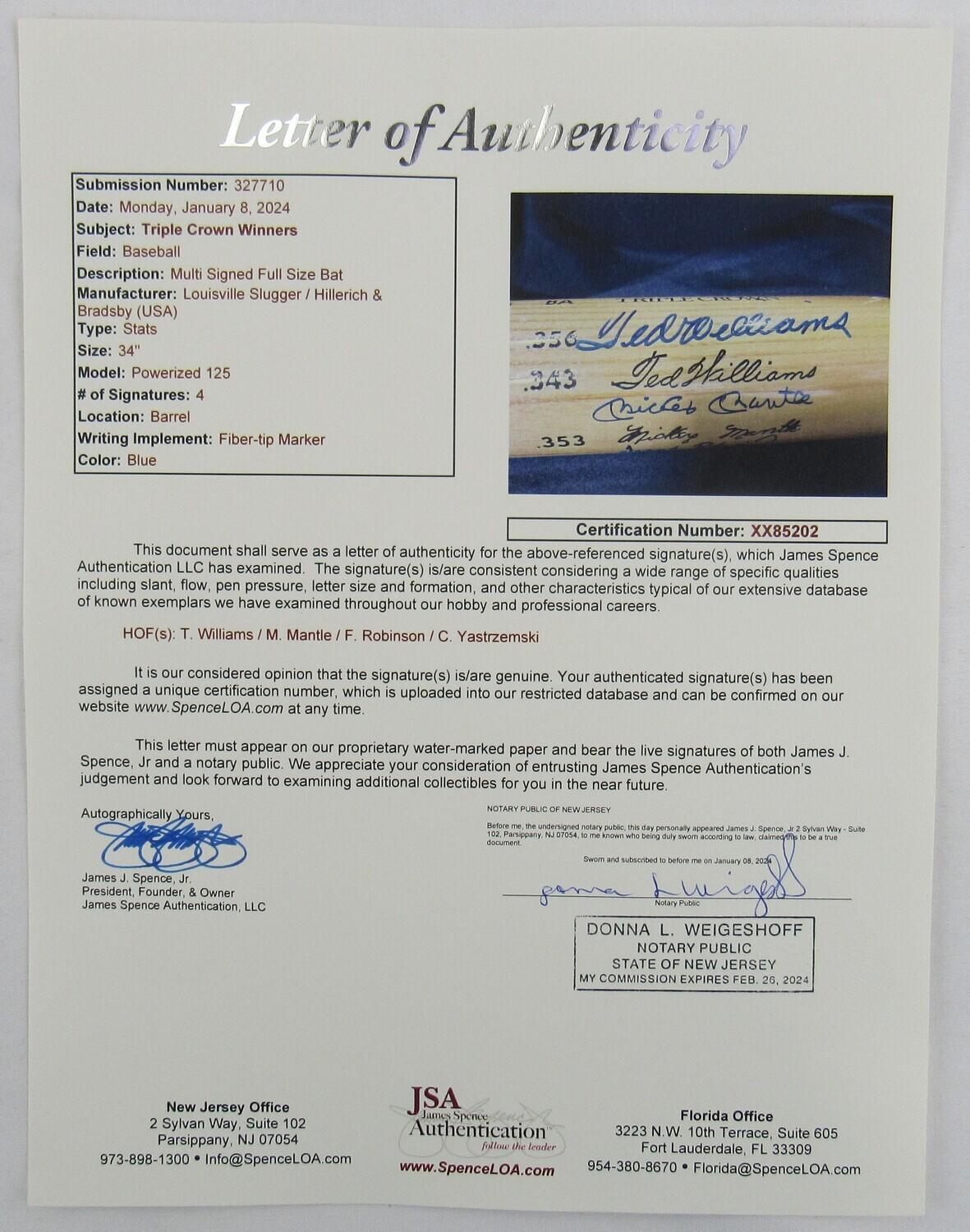 "Triple Crown Winners" Louisville Slugger Baseball Bat Signed by (4) with Ted Williams, Mickey Mantle, Frank Robinson & Carl Yastrzemski (JSA) at PristineAuction.com "Triple Crown Winners" Louisville Slugger Baseball Bat Signed by (4) with Ted Williams, Mickey Mantle, Frank Robinson & Carl Yastrzemski (JSA) at PristineAuction.com