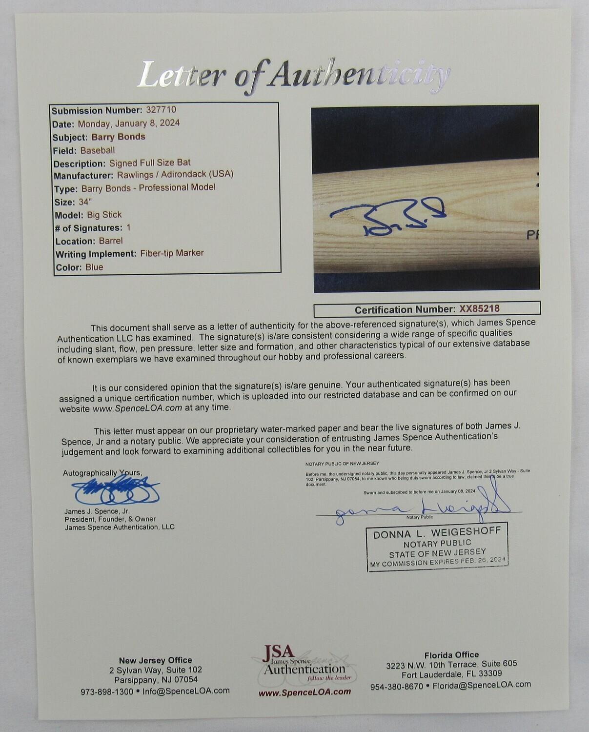 Barry Bonds Signed Rawlings Baseball Bat (JSA) at PristineAuction.com Barry Bonds Signed Rawlings Baseball Bat (JSA) at PristineAuction.com