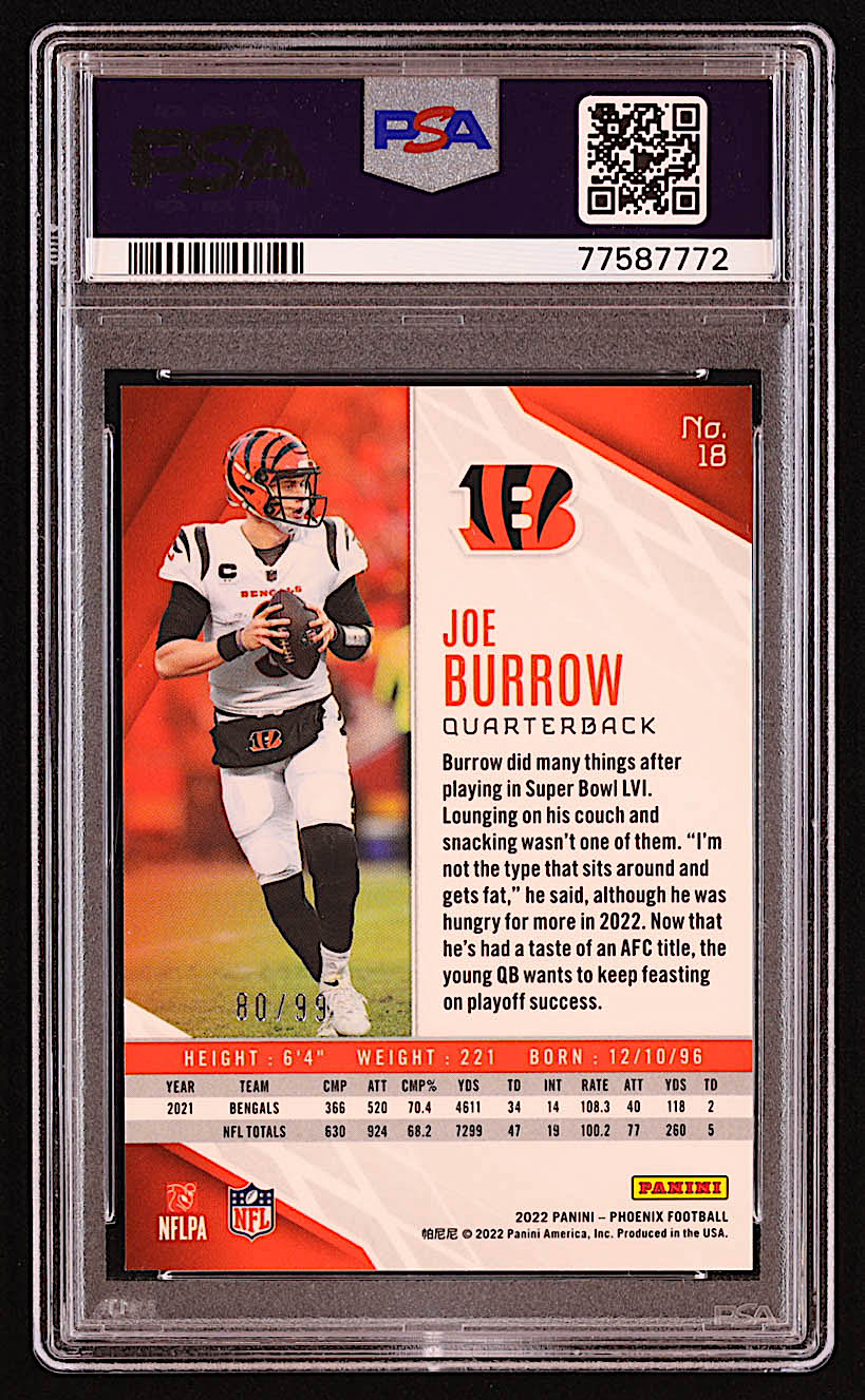 Joe Burrow 2022 Panini Phoenix Purple Lazer #18 #80/99 (PSA 9) at PristineAuction.com Joe Burrow 2022 Panini Phoenix Purple Lazer #18 #80/99 (PSA 9) at PristineAuction.com