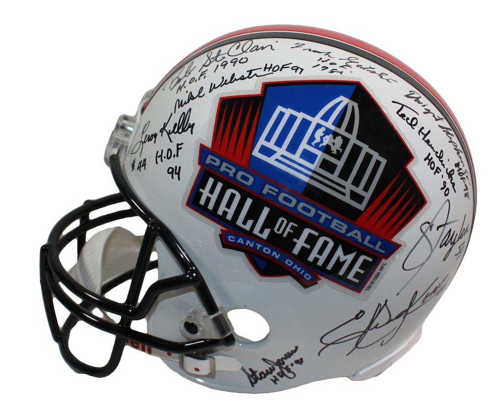 Hall of Fame Logo Full-Size Helmet Signed By (29) with Lawrence Taylor, Eric Dickerson, Stan Jones, Dante Lavelli with HOF Inscriptions (Beckett) at PristineAuction.com Hall of Fame Logo Full-Size Helmet Signed By (29) with Lawrence Taylor, Eric Dickerson, Stan Jones, Dante Lavelli with HOF Inscriptions (Beckett) at PristineAuction.com