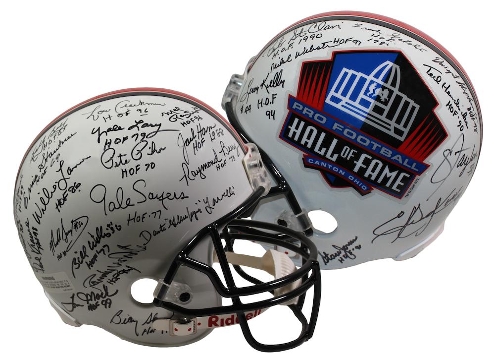 Hall of Fame Logo Full-Size Helmet Signed By (29) with Lawrence Taylor, Eric Dickerson, Stan Jones, Dante Lavelli with HOF Inscriptions (Beckett) at PristineAuction.com Hall of Fame Logo Full-Size Helmet Signed By (29) with Lawrence Taylor, Eric Dickerson, Stan Jones, Dante Lavelli with HOF Inscriptions (Beckett) at PristineAuction.com