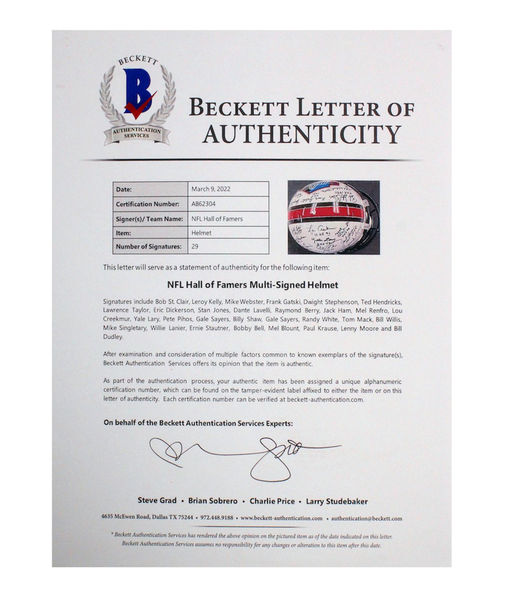 Hall of Fame Logo Full-Size Helmet Signed By (29) with Lawrence Taylor, Eric Dickerson, Stan Jones, Dante Lavelli with HOF Inscriptions (Beckett) at PristineAuction.com Hall of Fame Logo Full-Size Helmet Signed By (29) with Lawrence Taylor, Eric Dickerson, Stan Jones, Dante Lavelli with HOF Inscriptions (Beckett) at PristineAuction.com