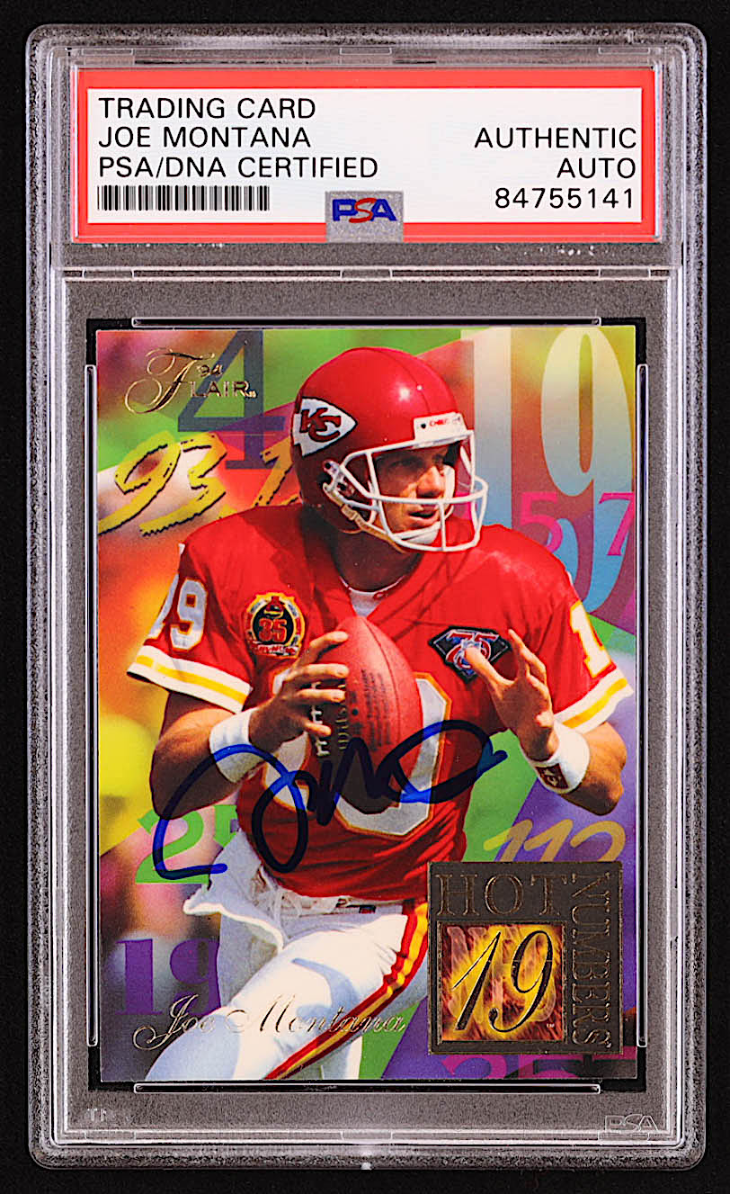 Joe Montana Signed 1994 Ultra Flair Hot Numbers #8 (PSA) at PristineAuction.com Joe Montana Signed 1994 Ultra Flair Hot Numbers #8 (PSA) at PristineAuction.com